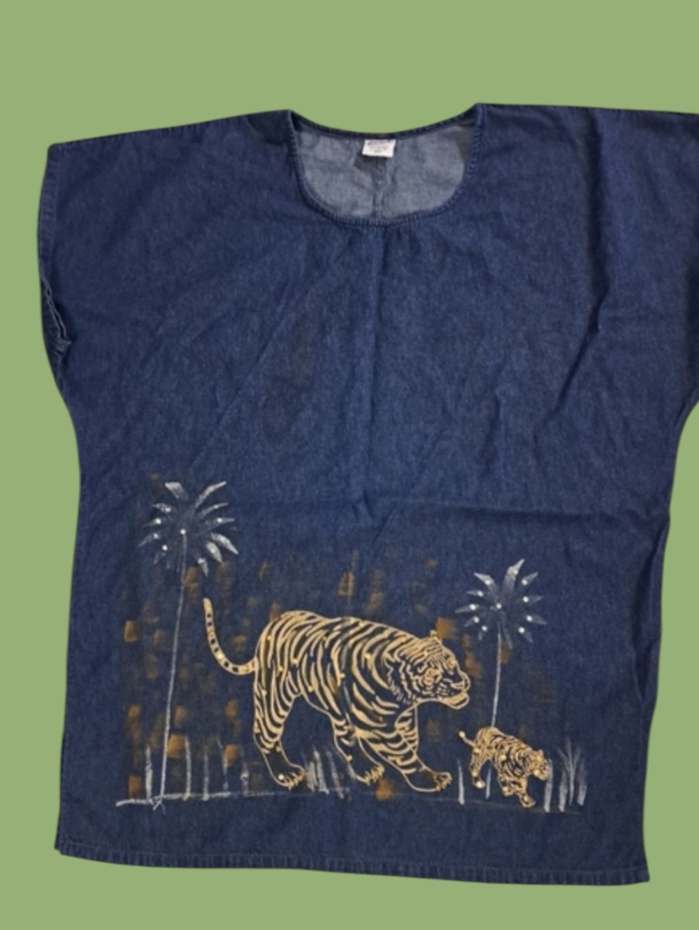 Magic Blue Denim Top Cotton Tiger & Palm Trees Design Gems Women's Size 2X